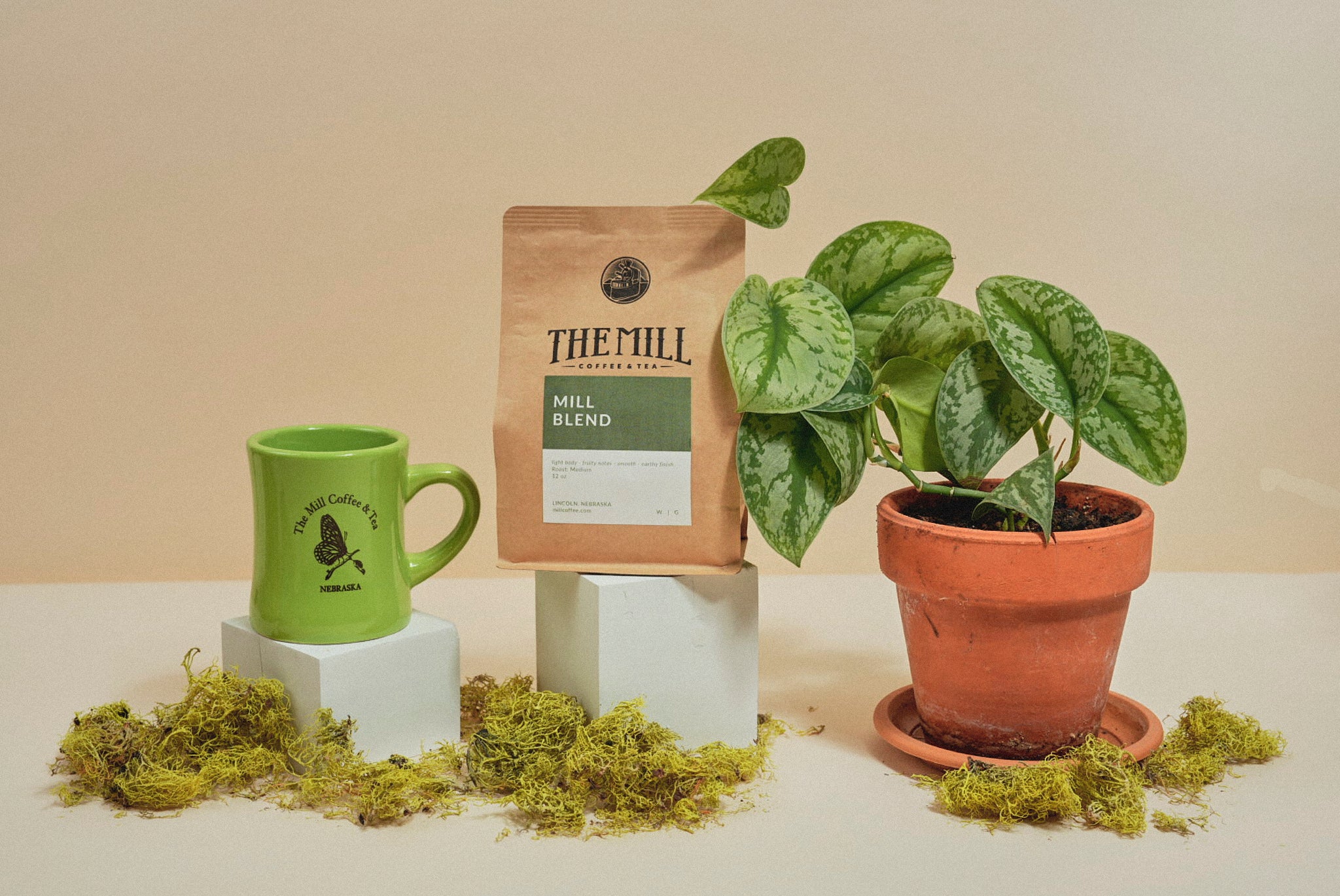 header image of mill cup, bag of coffee, and plant